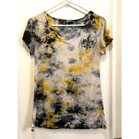 Affliction Like Yellow Gray Tie Dye Bling T Shirt Tee Top Mens Size Medium - Picture 2 of 10